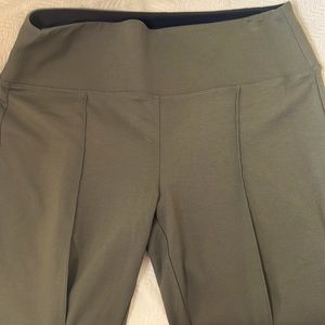 Womens stretchy knit pants. Olive green.